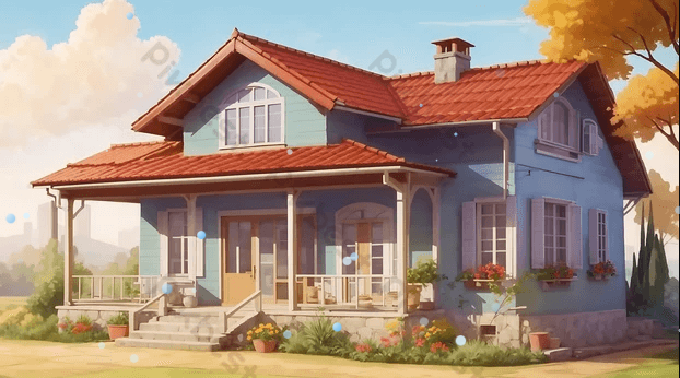 A beautifully illustrated blue home with a red roof, front porch, and flower boxes beneath the windows, set against a warm autumn backdrop. The scene reflects comfort and curb appeal. At Ease Property Inspections, proudly serving the Okanagan, helps homeowners ensure every detail of their property is safe, functional, and ready for peace of mind.