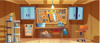 A neatly organized basement with shelves, cabinets, and a tool-board filled with wrenches, pliers, and screwdrivers. A sturdy workbench holds supplies, while a rolling chair and storage bins complete the space. At Ease Property Inspections, serving Kelowna and the Okanagan, helps ensure basements and work areas are safe and well-maintained.