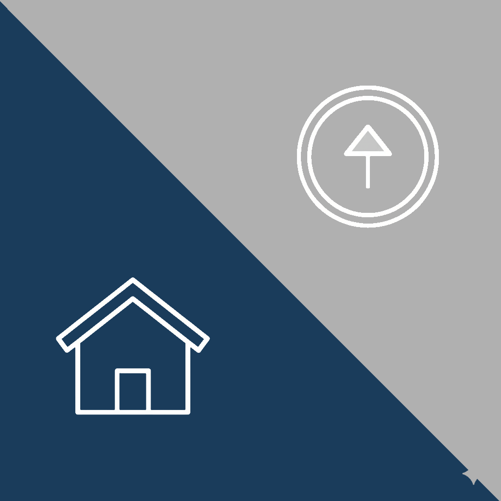 Pre-Listing Inspection Benefits | At Ease Property Inspections A graphic split diagonally between dark blue and gray. The dark blue section contains a white outline icon of a simple house, and the gray section contains a white outline icon of an upward-pointing arrow inside a circle. This image represents the detailed property reports provided by Erich Kamprath/At Ease Property Inspections in the Vernon, Armstrong, and Other North Okanagan areas.