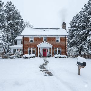 A classic red brick home covered in a fresh blanket of snow, with large snow-dusted pine trees and smoke rising from the chimney. This image illustrates a typical winter inspection scenario in Vernon, BC, where Erich Kamprath/At Ease Property Inspections provides thorough assessments, checking for issues like roof ice damming and attic ventilation.