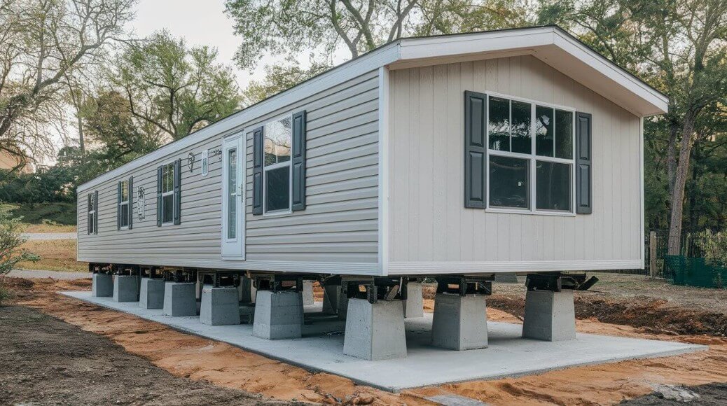 Manufactured home set on concrete piers over a new pad, showing open crawlspace access. During inspection we focus on blocking, beam contact, anchoring, and drainage under the home. 