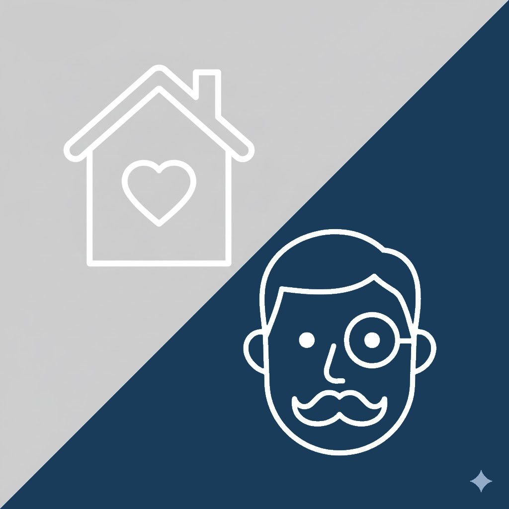 Pre Purchase Inspection | At Ease Property Inspections A split graphic featuring two white line icons: a house with a heart inside on a gray background, and a stylized man with a mustache and monocle (representing an inspector) on a dark blue background. This graphic symbolizes home inspection with care by Erich Kamprath/At Ease Property Inspections in the North Okanagan.