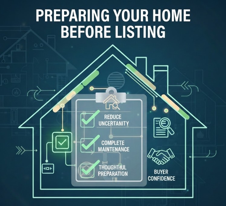 A digital graphic illustrating how a pre-listing home preparation helps sellers by identifying maintenance issues early, reducing transaction uncertainty, and building buyer confidence through thoughtful preparation and transparency.