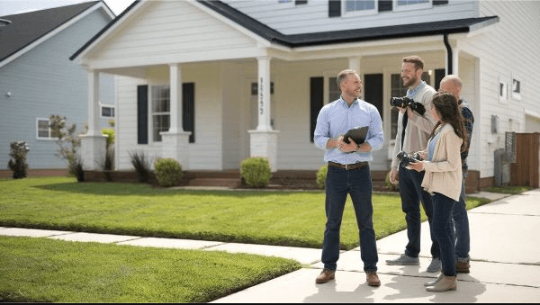 Home Inspector Welcoming Clients to Home An Inspector with At Ease Property Inspections welcomes a family of three outside a new-construction white house with a black shingled roof, holding a tablet and clipboard, ready to begin a home inspection. The family, carrying cameras, looks ready to document the process. The scene, set on a sunny day, is typical of new home purchases in the Thompson Okanagan region, including cities like Kelowna and Kamloops.