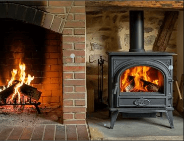 This is a picture of a Wood burning fireplace and a wood burning stove together. Both are required to have a WETT or wood burning inspection for code compliance to assist in getting insurance. Erich Kamprath the Home, Property, and WETT Inspector can deliver these to clients quickly and easily in Kelowna, Kamloops, Vernon, Lake Country, or any community in the Okanagan.